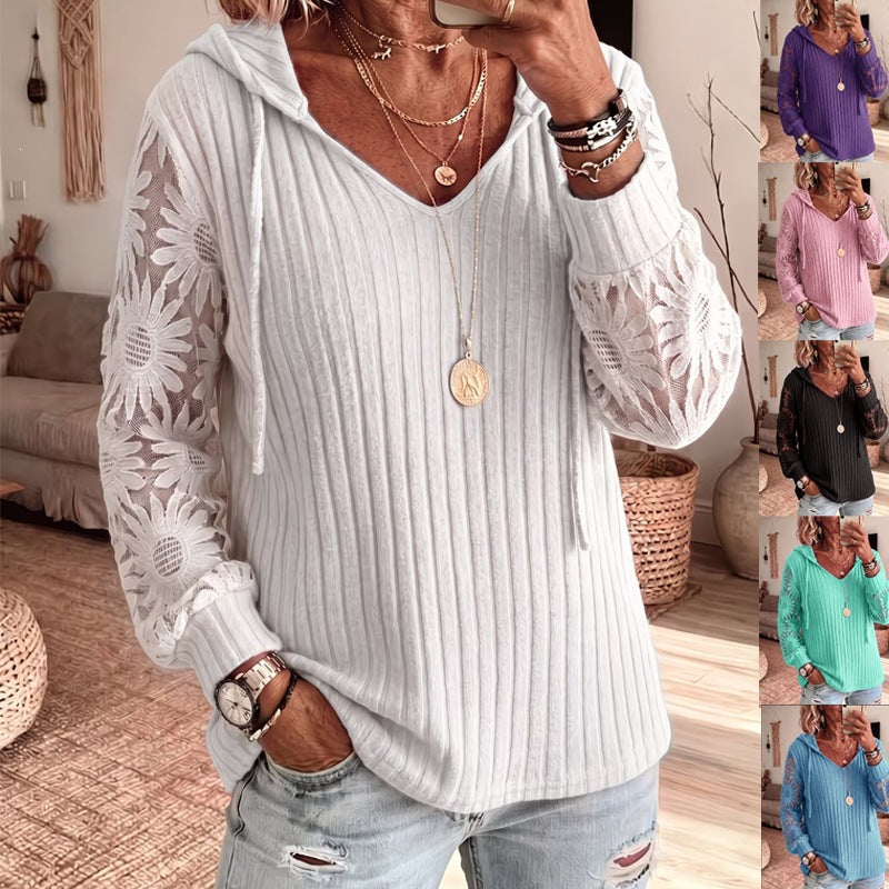 Women V Neck Hooded Sweatshirt Ribbed Knit Floral Lace Splicing Long Sleeve Drawstring Casual Pullover Tops
