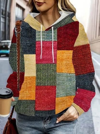 Womens Retro Plaid Patchwork Printed Hoodie