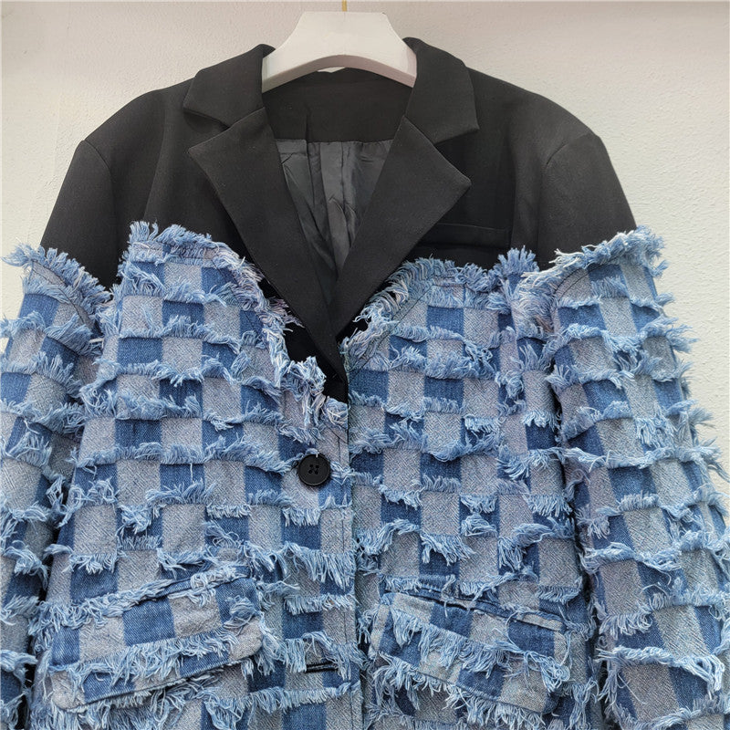 Stylish Tassel Denim Patchwork Blazer For Women