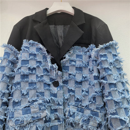 Stylish Tassel Denim Patchwork Blazer For Women