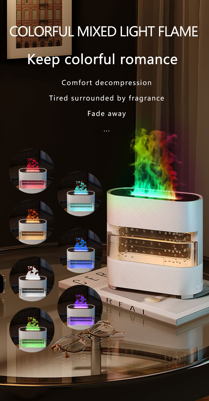 Colorful mixed light flame device on a table with text describing its features.