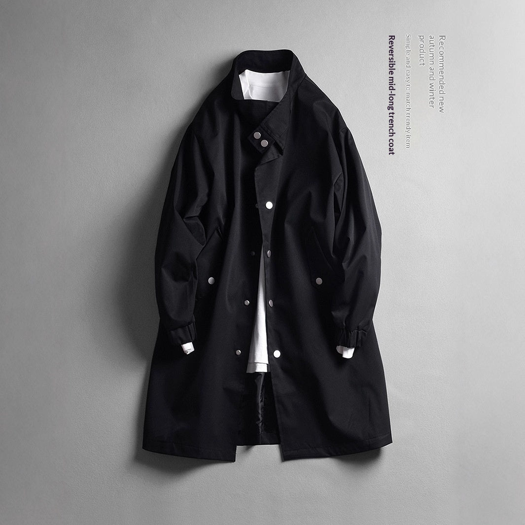 Mens Stand-Neck Single-Breasted Trench Coat Loose-Fit Casual Lapel Jacket