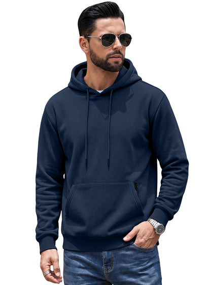 Cross-border TK Men's American Solid Color Drawstring Hoodie, Sports & Outdoor Sweatshirt With Anti-theft Side Zipper Kangaroo Pocket
