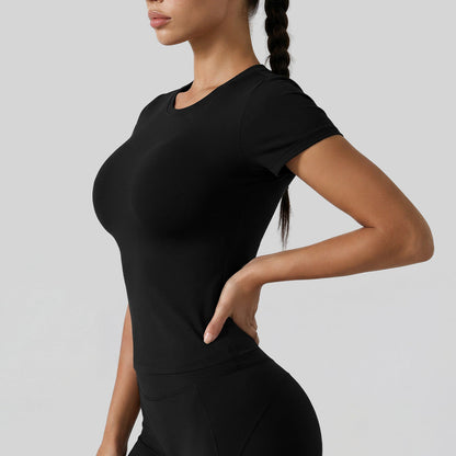 Juyitang Basic Round Neck Short-Sleeved Yoga Wear For Women, Tight-Fitting, Quick-Drying Fitness Top, Slimming Look, Breathable Sports T-Shirt