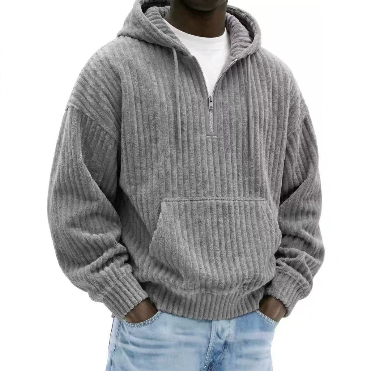 Solid-color Loose-fitting Corduroy Mens Hoodie