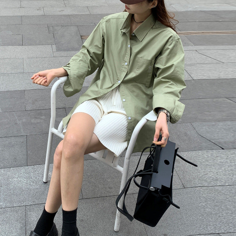 Spring Autumn Long Sleeve Thin Shirt And PU Jacket Two Piece Set
