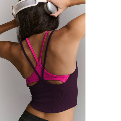 Women's Sleeveless Fashionable Unique Sports Casual Thin Strap Hollow Back Crop Backless Tank Top With Built-in Bra Pads