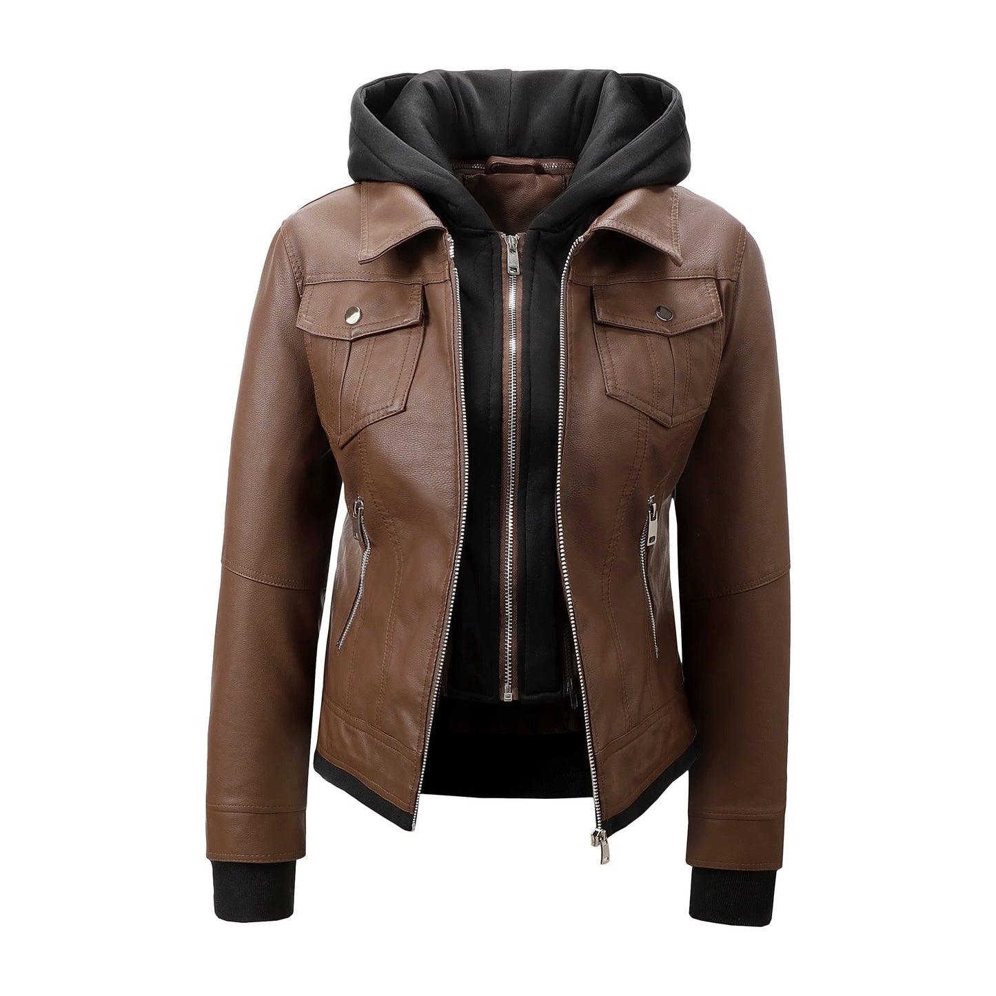 Detachable-hooded Biker Jacket Waist-cinching Faux-leather Coat That Flatters