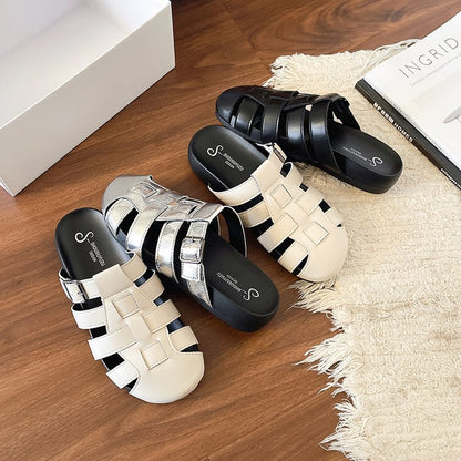 French-style Open-toed Slippers For Women, Summer Outdoor Wear, One-piece Open-toe Roman Sandals, Versatile Casual Mules, Flat Casual Sandals