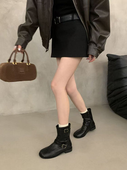 Women's Retro British Style Belt Buckle Martin Boots, New 2026 Autumn & Winter Niche Design Fake Split Toe Slim-Fit Boots