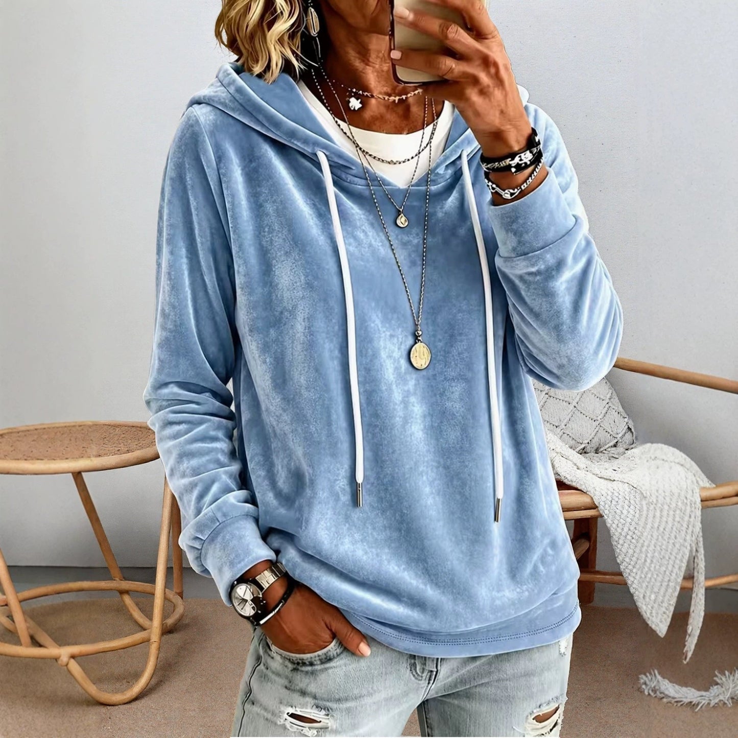 Womens Stylish And Elegant Gold-velvet Hooded Long-sleeve Sweatshirt