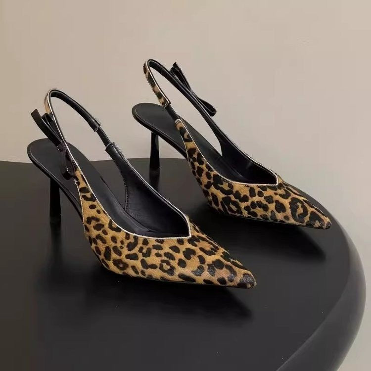 French Leopard Print Pointed Toe Backless Sandals For Women 2026 Summer New Stiletto High Heels Sexy Mature Style Pumps