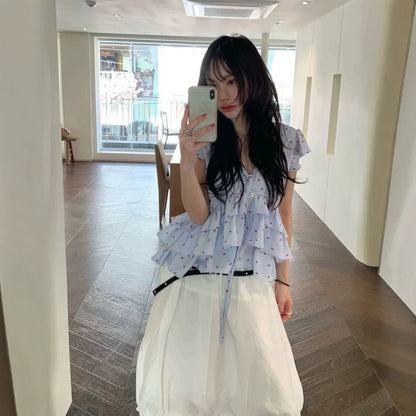 Pleated Floral-print Ruffled Blouse Vest With Ribbons