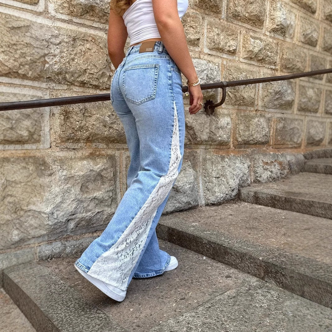 Stretch Lace Straight-leg Denim Jeans
