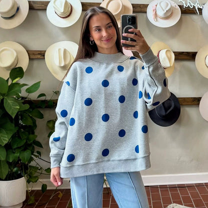 Womens Relaxed-fit Casual Polka-dot Printed Mock-neck Sweatshirt