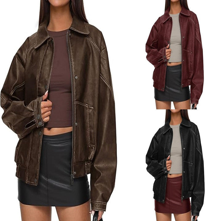 PU Jacket Womens Zip-up Casual Coat Leather Jacket