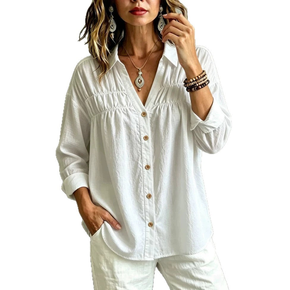 Loose-fit Casual Long-sleeve V-neck Womens Blouse With Buttons