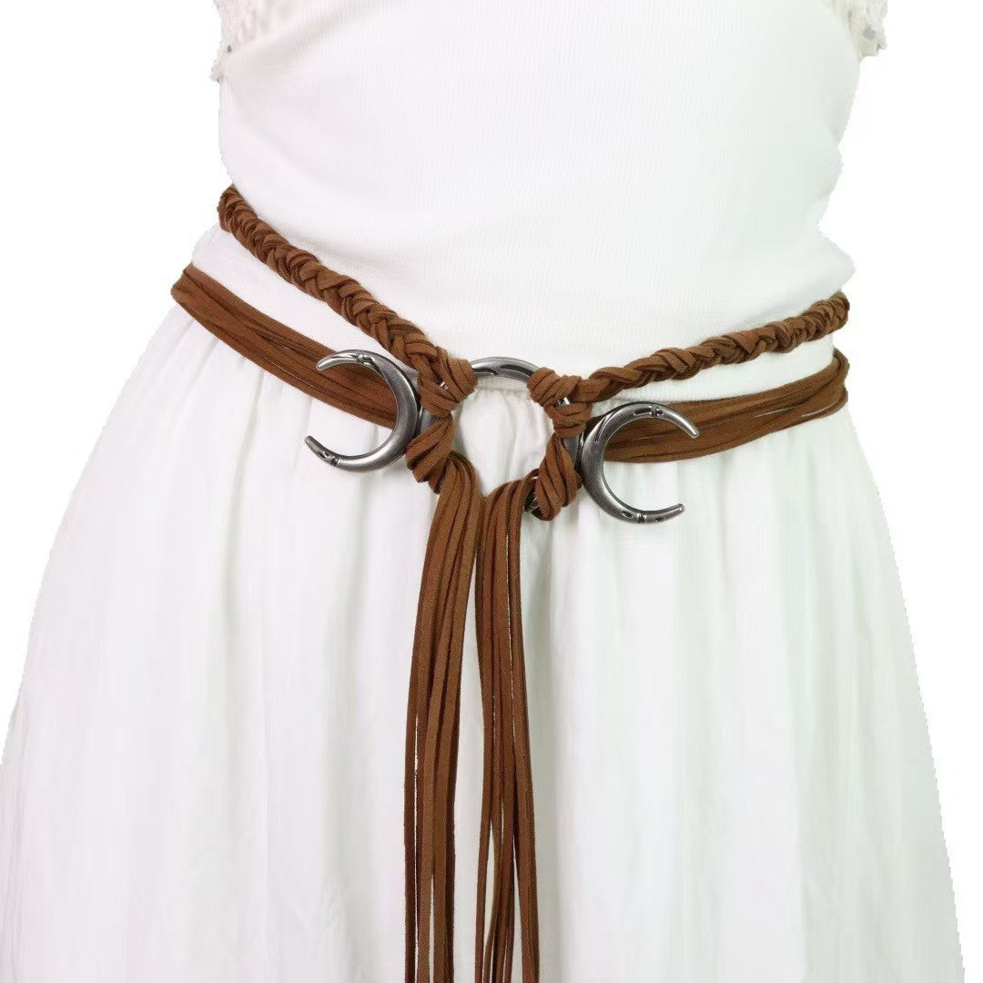 Womens Retro Snake-Shape Metal Buckle Woven Belt