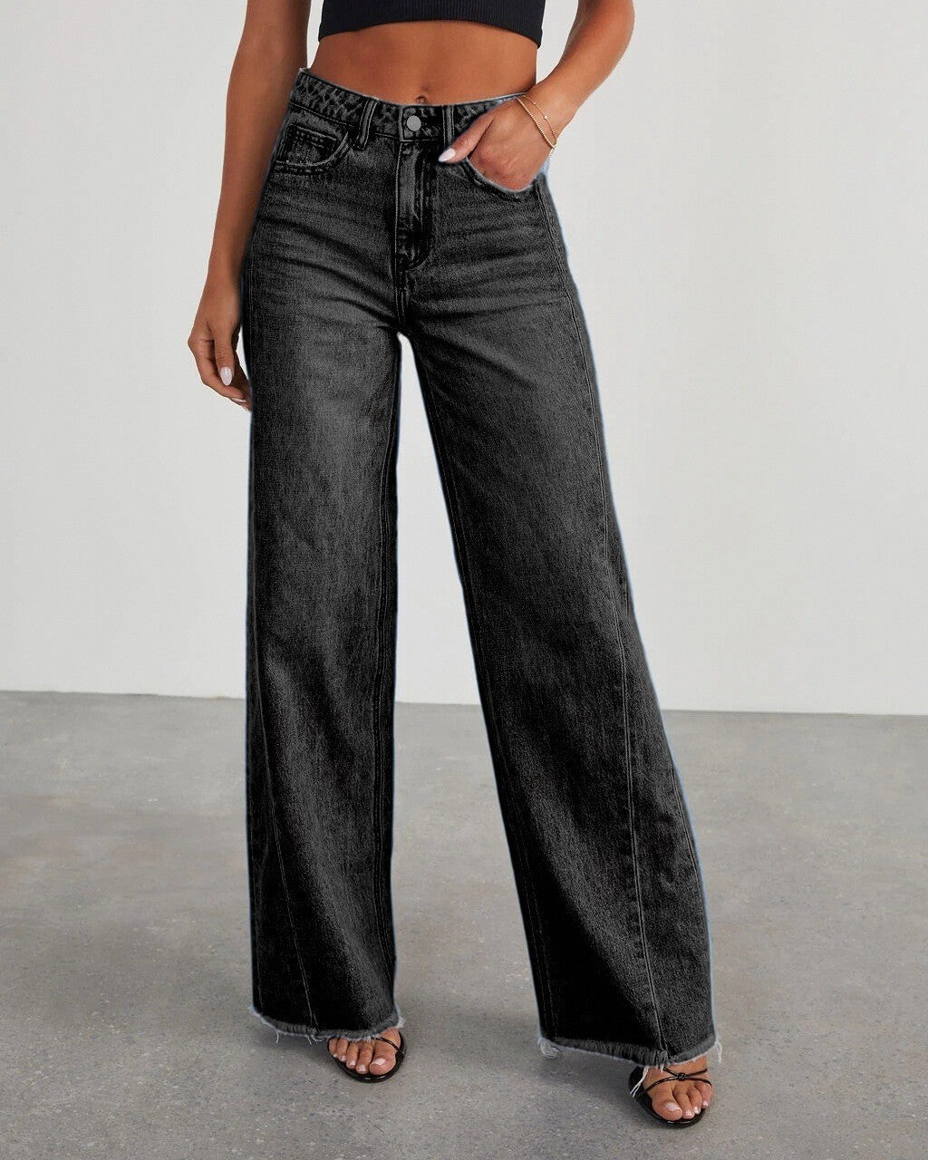 Europe And The United States Cross-border New Amazon Loose Wide Leg Side Stitching Framed Hem Jeans Women's 32150