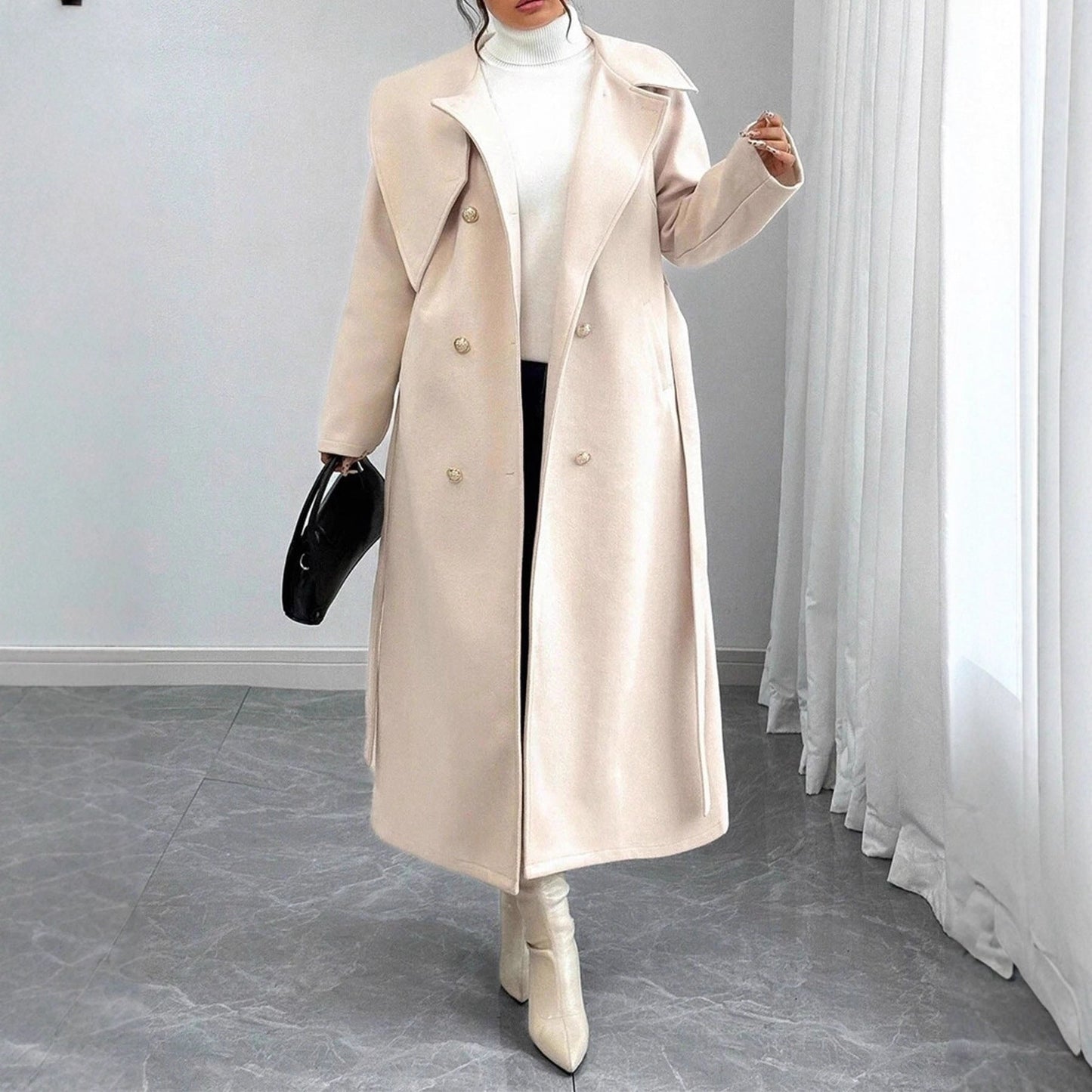 New Winter Womens Double-breasted Wool Coat With An Asymmetrical Collar
