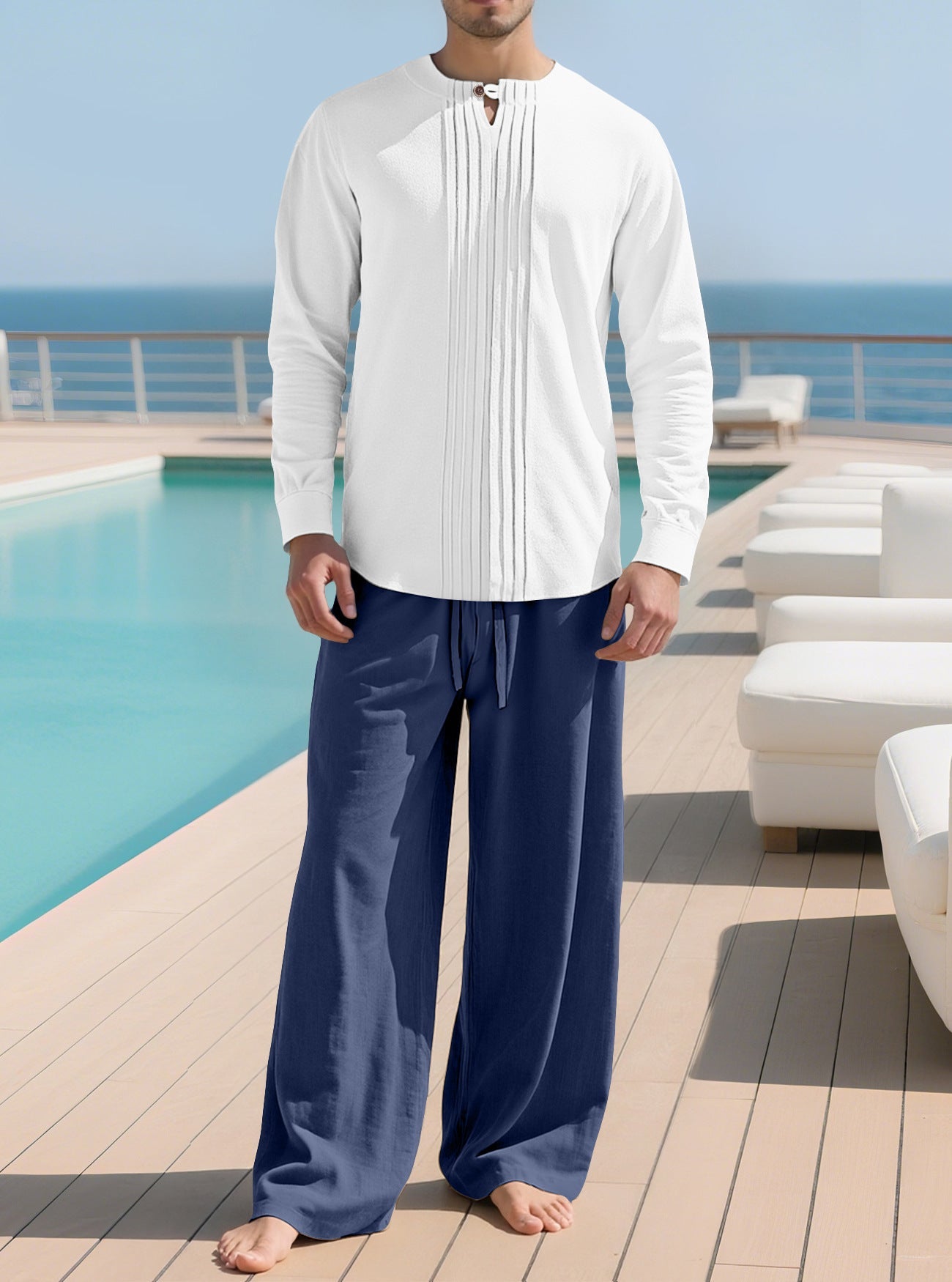 Buttoned Long Sleeve Robe And Straight-leg Pants Mens Suit