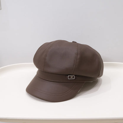 Fashionable Retro Matte PU Solid-color Newsboy Hat With Metal Label And Soft Leather Pumpkin Hat For Autumn Winter, Classic British Style, Versatile For All Occasions