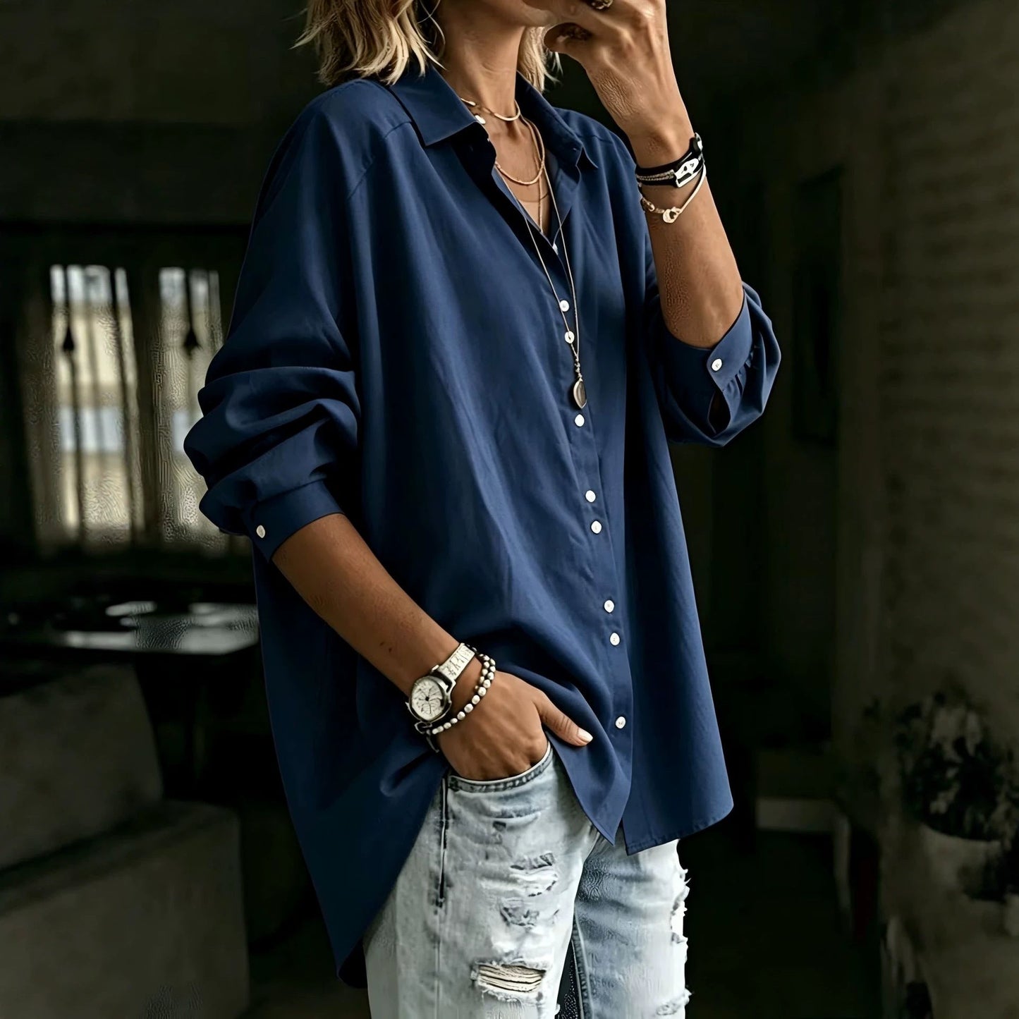 Casual Lapel Long-sleeve Shirt Fashionable Womens Wear