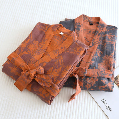Couple Cotton Loose Lace Bathrobe Jacquard Pajamas