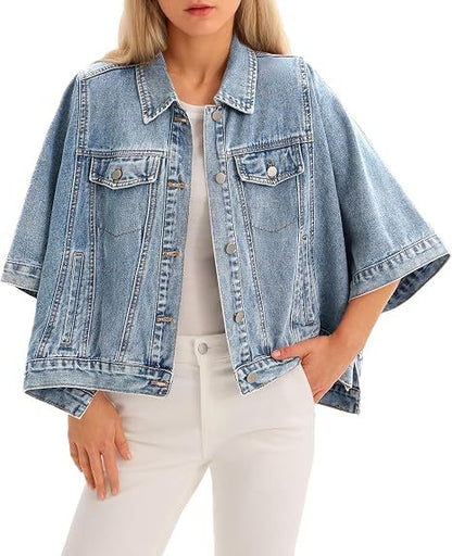 Autumn Womens Batwing-Sleeve Loose Denim Jacket