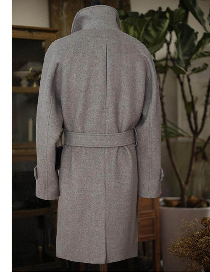 Mens Mid-length Wool Coat With Horn Buttons And A Lapel Collar