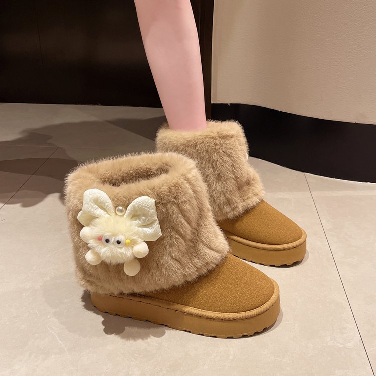 Women's Euro-American Style Platform Snow Boots, Plus Size Winter Fleece Lined Fur Trim Versatile Cotton Boots