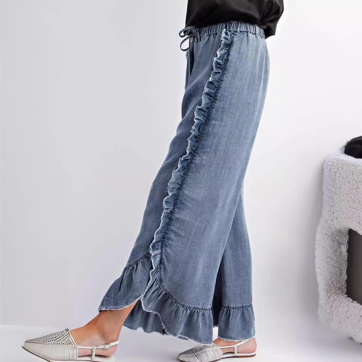 Womens Washed Cotton Denim Flared Pants With Ruffled Hem