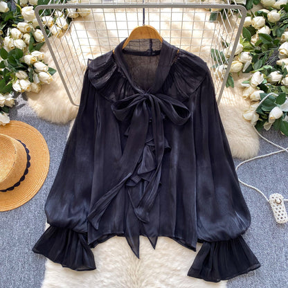 Womens Solid-Color Loose Shirt With Bow Tie Belt