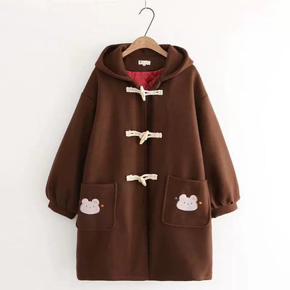 Solid-color Horn-button Womens Hooded Cardigan Wool Coat