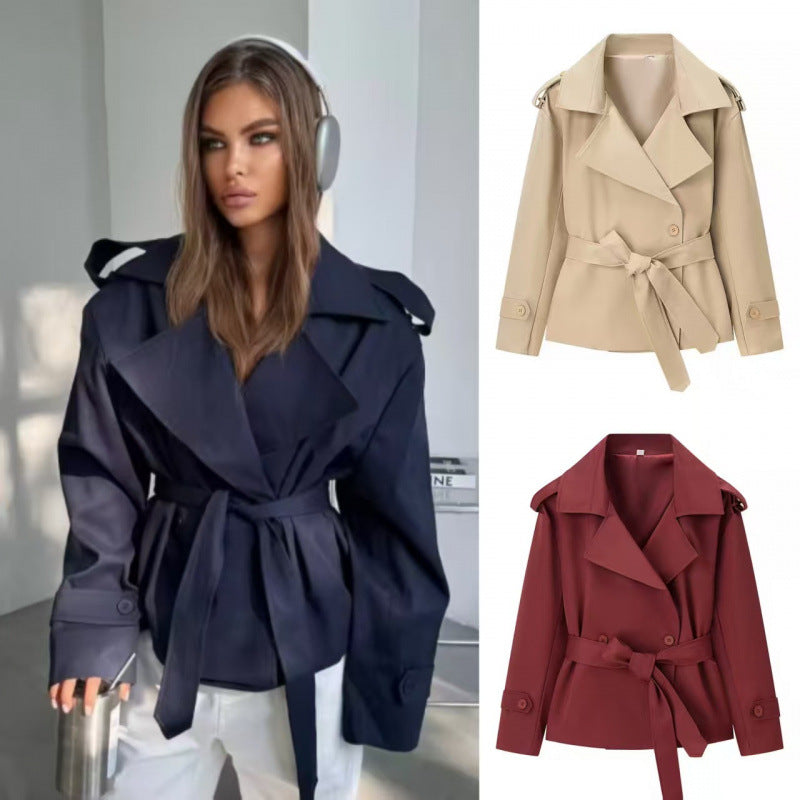 New Za Aliexpress Hot-Selling Cross-Border European And American Style Women's Solid Color Belted Short Jacket Trench Coat