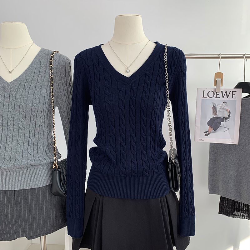 V-neck Sweater Womens Preppy-Style Long-Sleeve Minimalist Knit Top