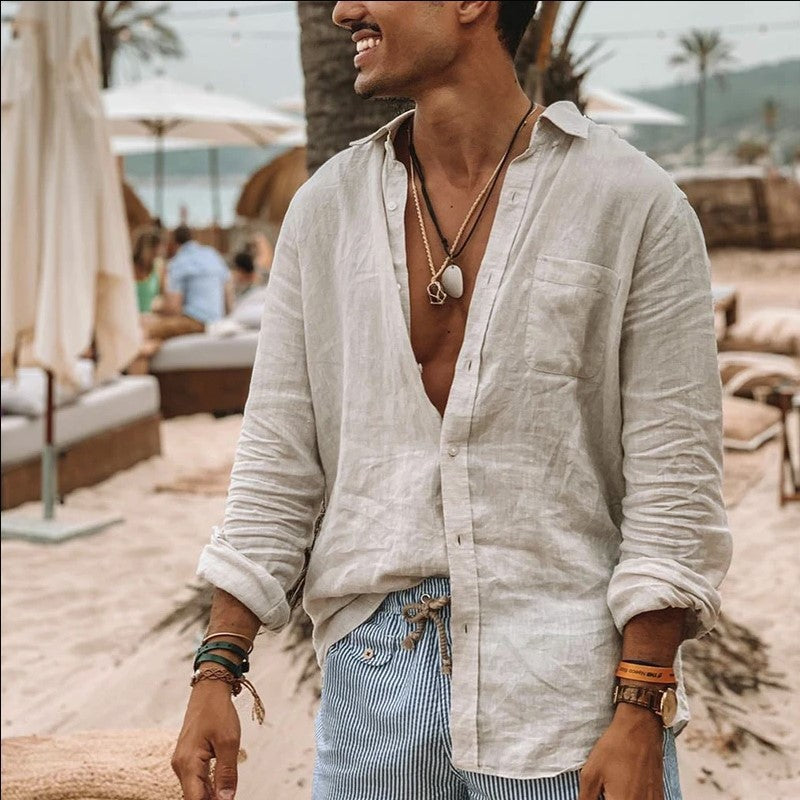 Foreign Trade Autum New Men's Pure Color European And American Loose Casual Lapel Long-Sleeved Cardigan Beach Shirt Men's Style