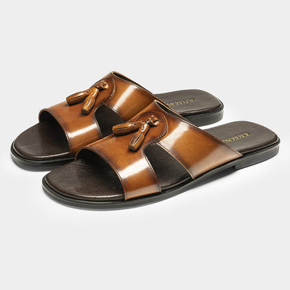 Mens Genuine Leather Slippers Made From Full-grain Cowhide