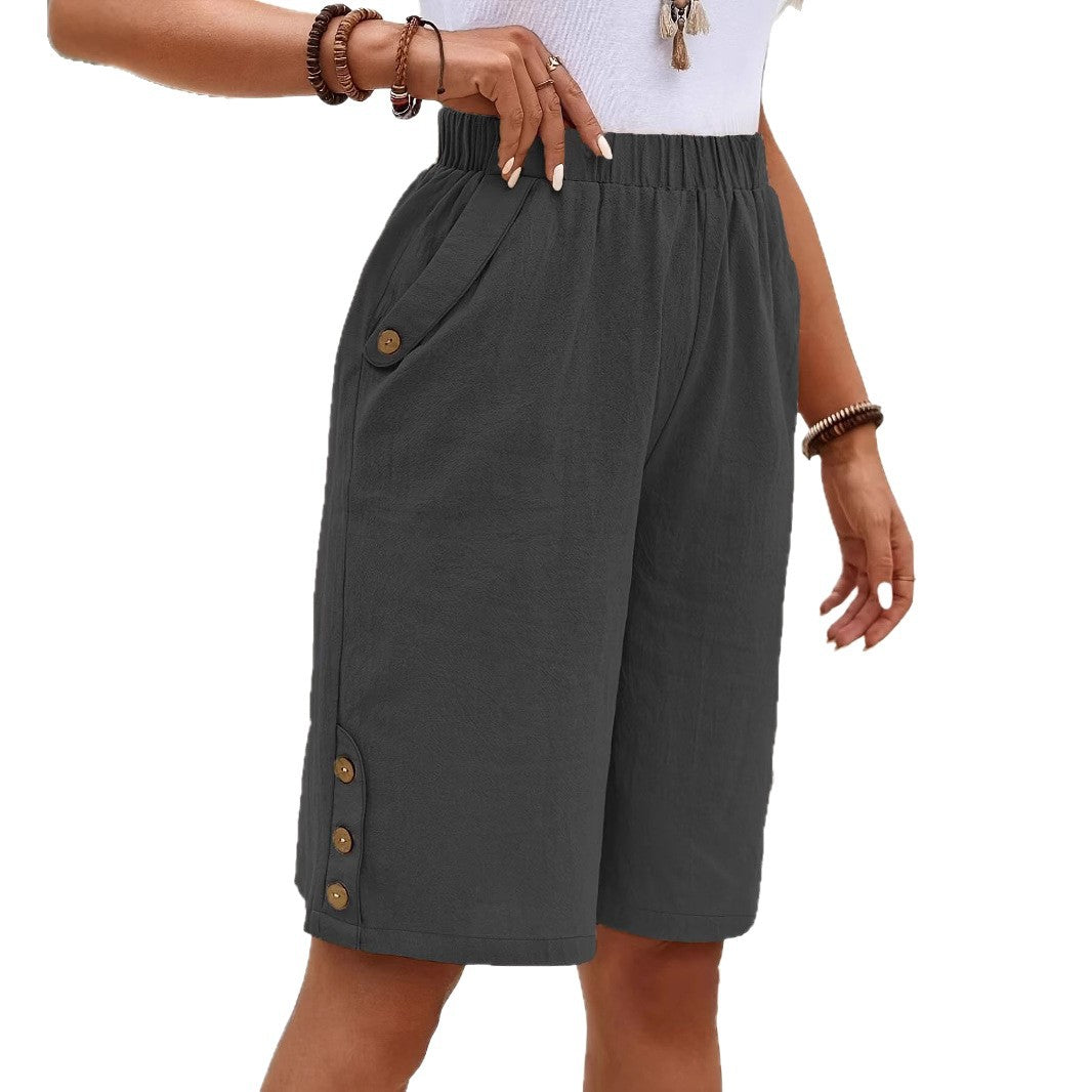 2025 New Cotton And Linen Shorts Five-point Pants Cross-border European And American Women's Solid Color Casual Pants Straight Leg Pants Home