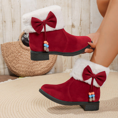 Winter Snow Boots Womens New Arrival In Stock Thick Sole Bow Round Toe Mid Calf Thickened Faux Plush Suede Cotton Shoes