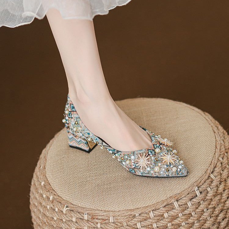 Shallow-toe Pointed Flat Womens Shoes With Rhinestone And Metallic Print