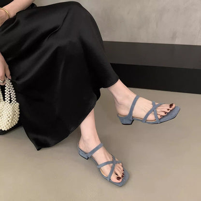 Block Heel Square Toe Women Sandals Summer Outdoor Suede Fairy 3cm Cross Strap Gorgeous Slide Sandals Open Toe French Style