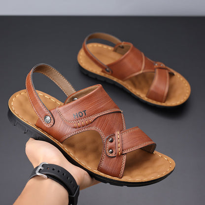 Men's Soft Leather Sandals, Summer Anti-slip Genuine Soft Leather Dual-wear Casual Soft Sole Sandals For Middle-aged Dad & Beach