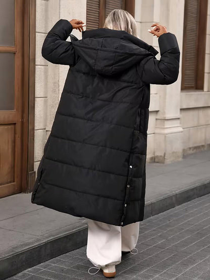 Black Long-length Hooded Thickened Cotton Coat For Women