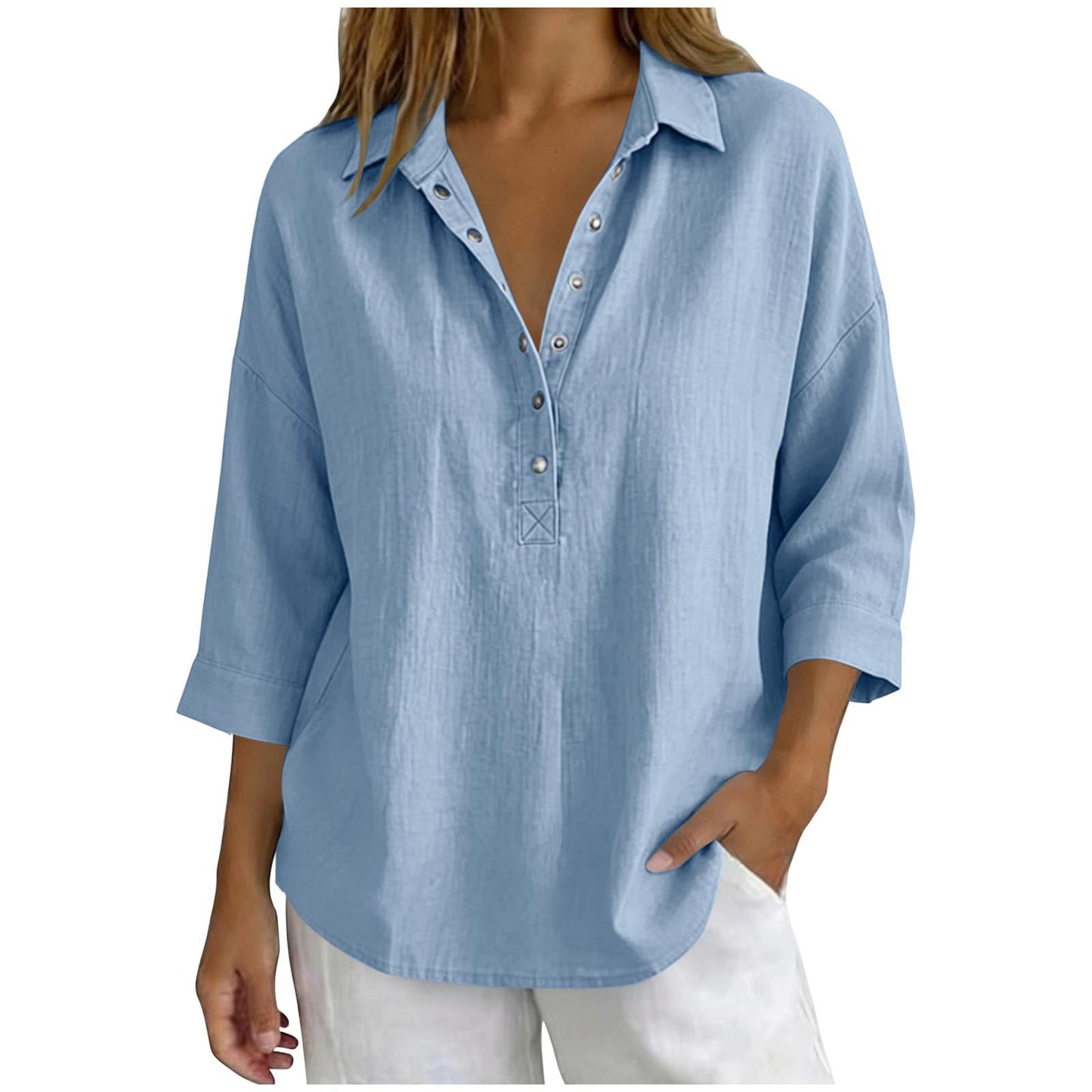 Womens Solid-Color Casual Three-Quarter-Sleeve Shirt