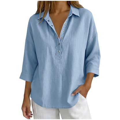 Womens Solid-Color Casual Three-Quarter-Sleeve Shirt