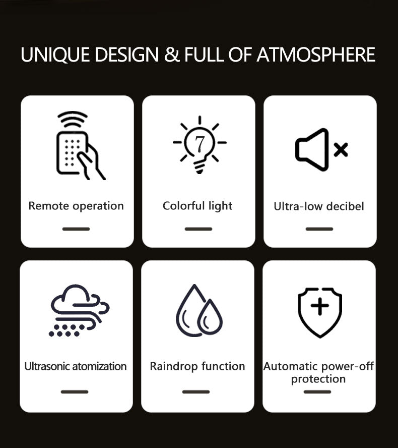 Icon set with features including remote operation, colorful light, ultra-low decibel, ultrasonic atomization, raindrop function, and automatic power-off protection on a black background.