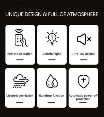Icon set with features including remote operation, colorful light, ultra-low decibel, ultrasonic atomization, raindrop function, and automatic power-off protection on a black background.