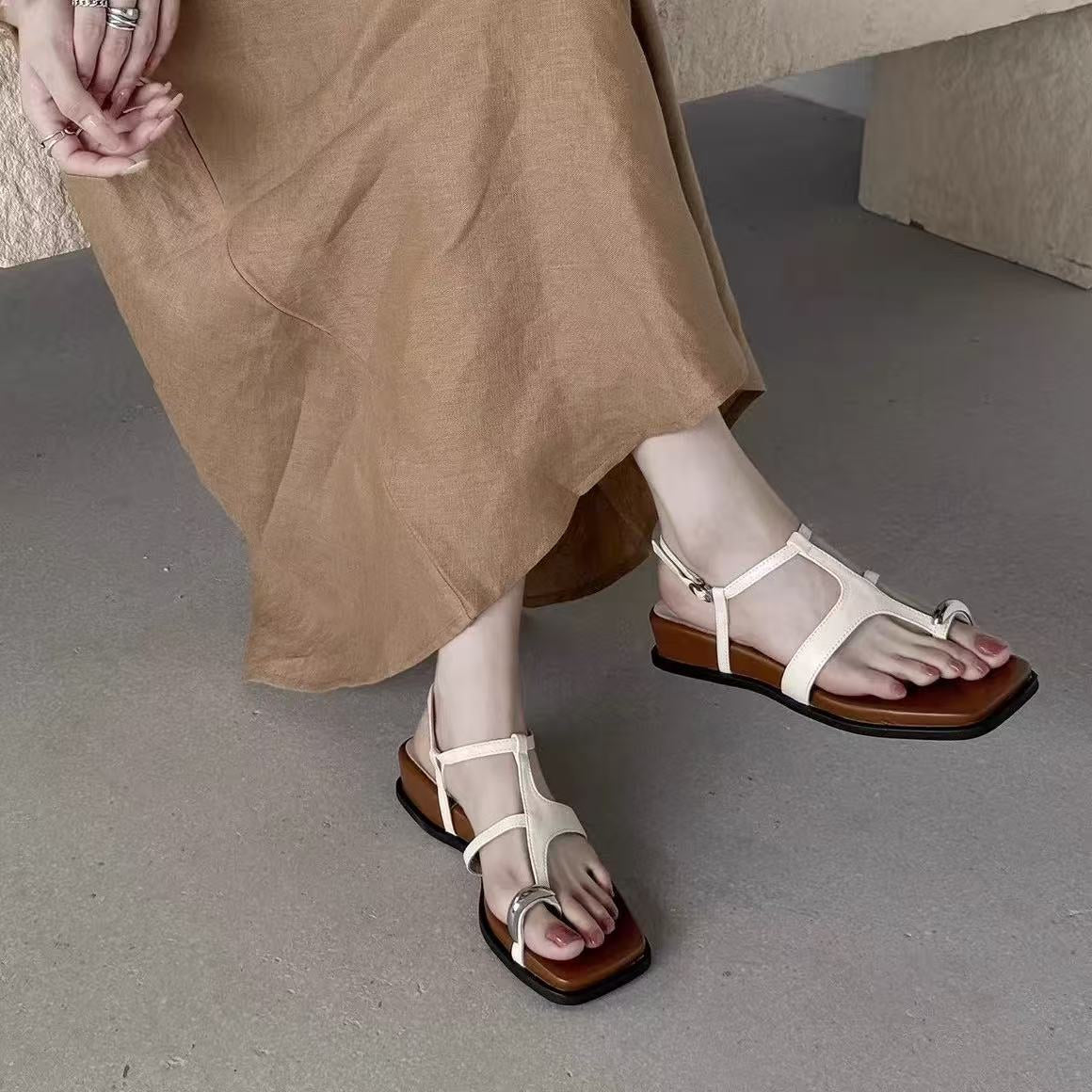 Women's Fashion Metal Buckle Thong Square Toe Sandals, 2026 Summer New, Niche Design Versatile Mid Heel Slide Slippers