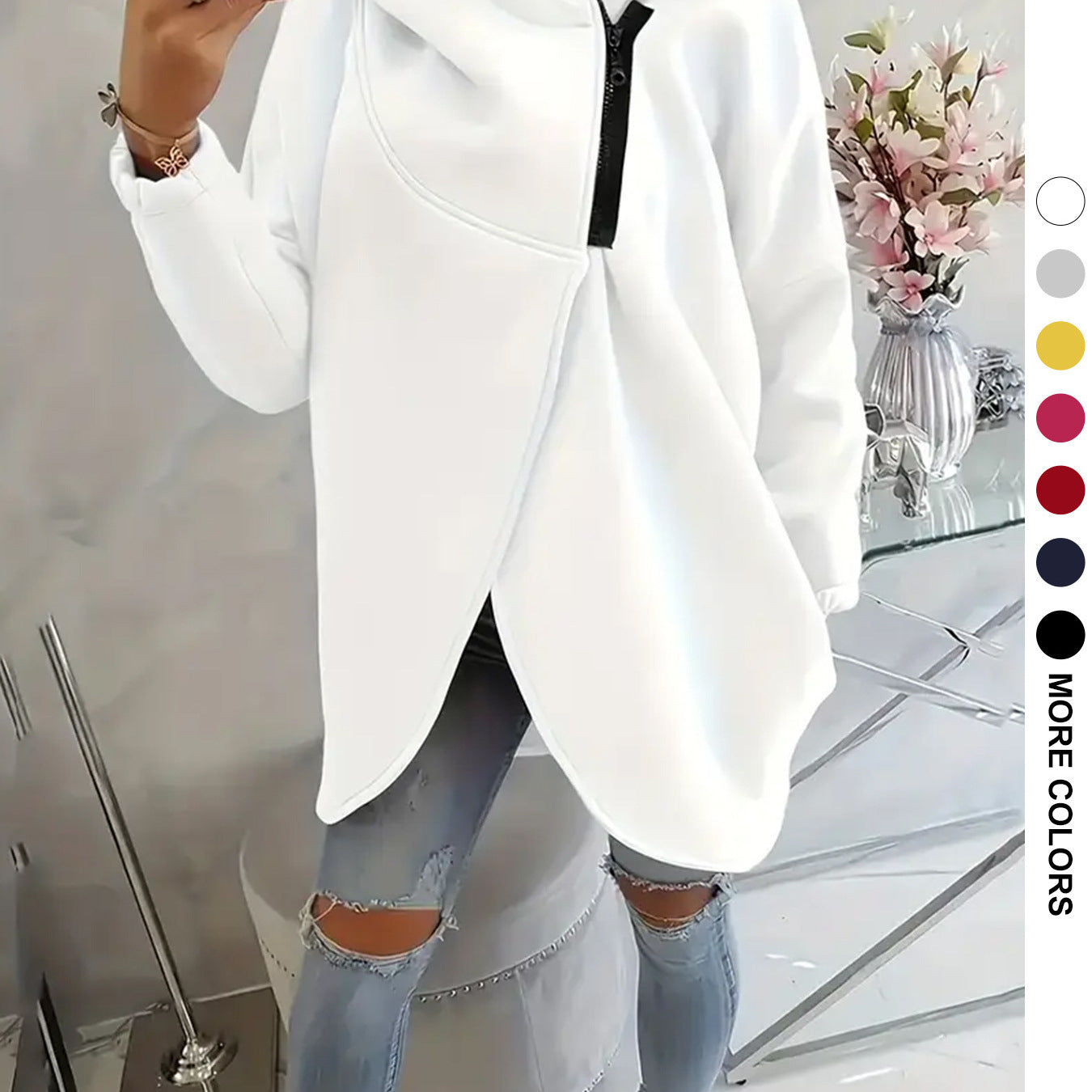 Womens Solid-color Long-sleeve Casual Hooded Sweatshirt